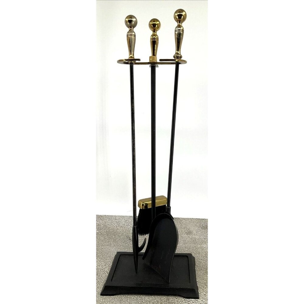 Mid-Century Modern Brass and Iron Fireplace Tool Set 3 Piece w/ stand USA